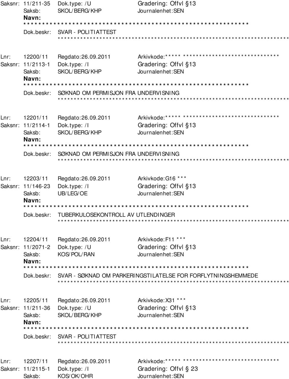 type: /I Offvl 13 Dok.beskr: SØKNAD OM PERMISJON FRA UNDERVISNING ************ Lnr: 12203/11 Regdato:26.09.2011 Arkivkode:G16 *** Saksnr: 11/146-23 Dok.