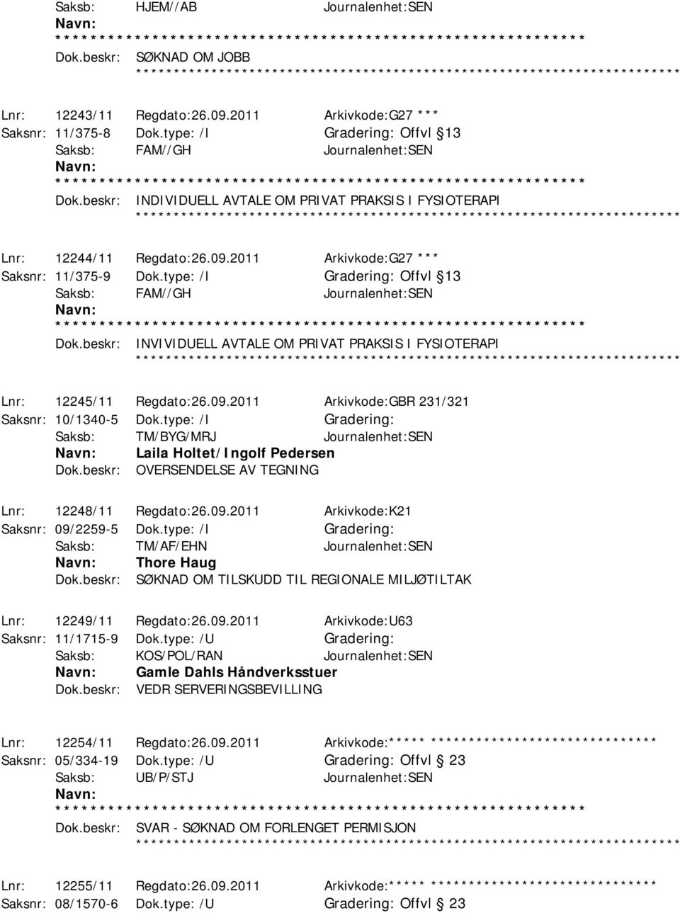 beskr: INVIVIDUELL AVTALE OM PRIVAT PRAKSIS I FYSIOTERAPI ************ Lnr: 12245/11 Regdato:26.09.2011 Arkivkode:GBR 231/321 Saksnr: 10/1340-5 Dok.