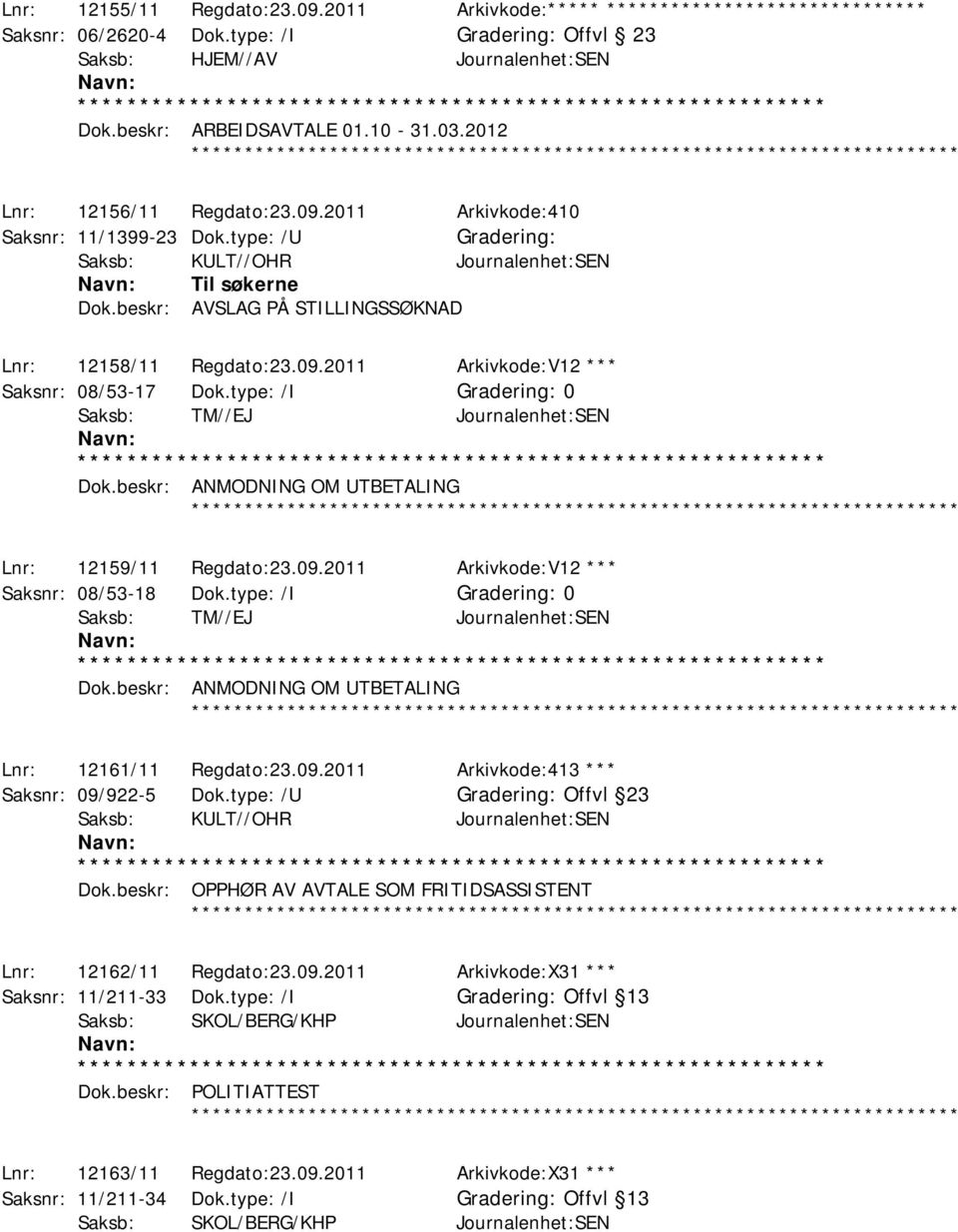 beskr: AVSLAG PÅ STILLINGSSØKNAD Lnr: 12158/11 Regdato:23.09.2011 Arkivkode:V12 *** Saksnr: 08/53-17 Dok.type: /I 0 Saksb: TM//EJ Journalenhet:SEN Dok.