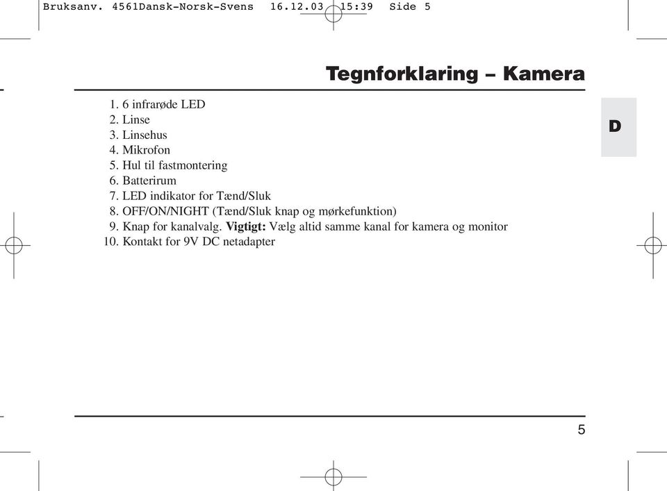 LED indikator for Tænd/Sluk 8. OFF/ON/NIGHT (Tænd/Sluk knap og mørkefunktion) 9.