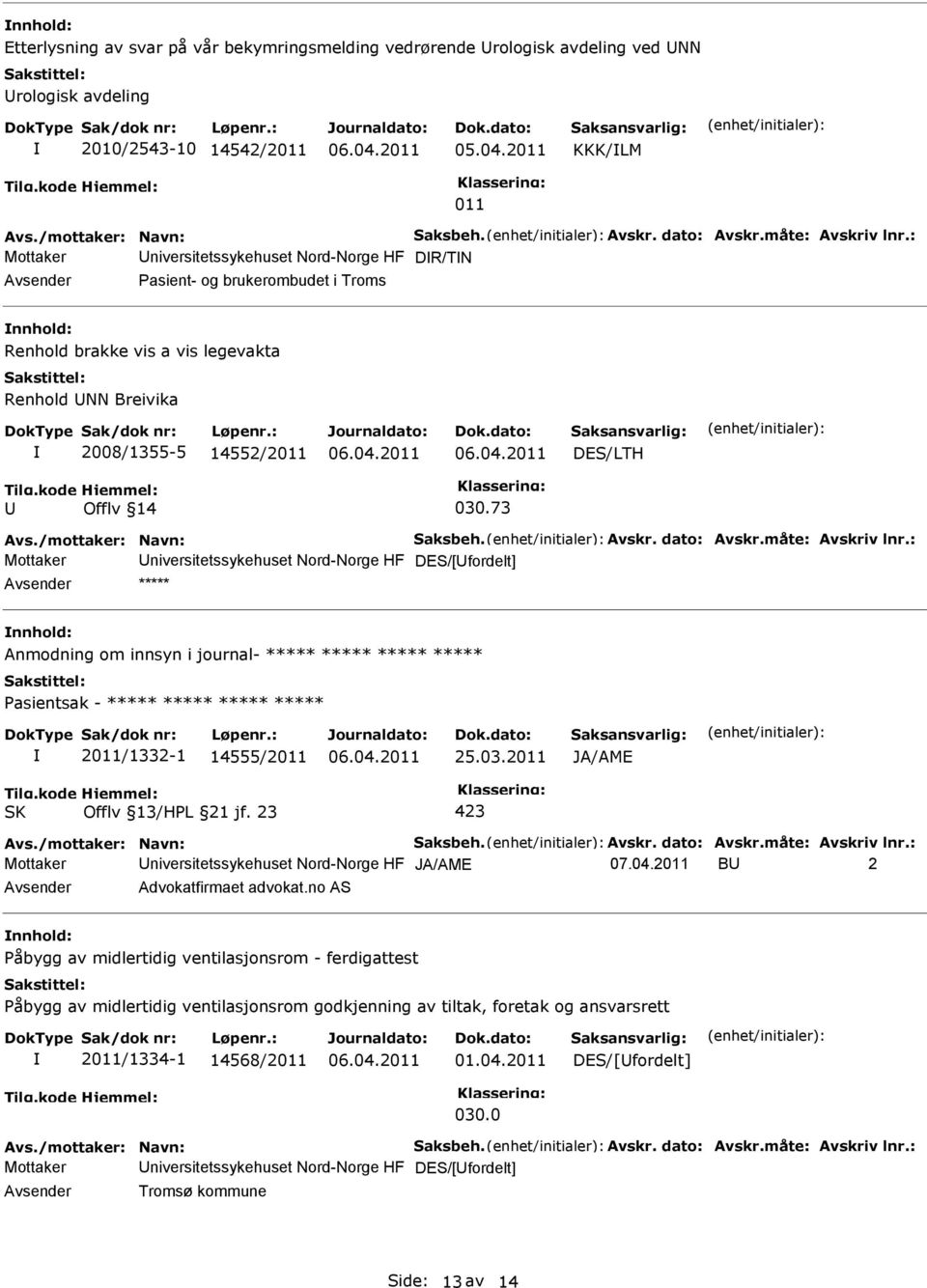 73 Mottaker niversitetssykehuset Nord-Norge HF DES/[fordelt] ***** Anmodning om innsyn i journal- ***** ***** ***** ***** asientsak - ***** ***** ***** ***** 2011/1332-1 14555/2011 25.03.