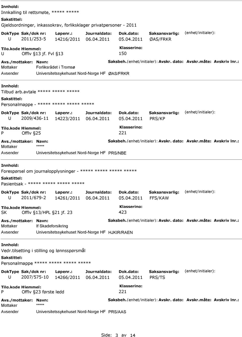 avtale ***** ***** ***** ersonalmappe - ***** ***** ***** ***** 2009/436-11 14223/2011 RS/K Offlv 25 Mottaker ***** niversitetssykehuset Nord-Norge HF RS/NBE Forespørsel om journalopplysninger