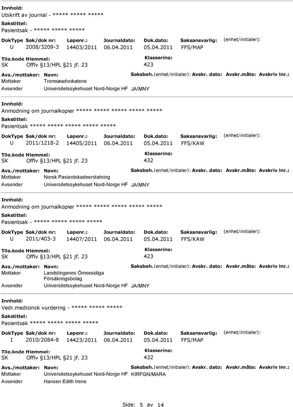 journalkopier ***** ***** ***** ***** ***** asientsak - ***** ***** ***** ***** 2011/403-3 14407/2011 Mottaker Landstingenes Ömsesidiga Försäkringsbolag niversitetssykehuset Nord-Norge HF