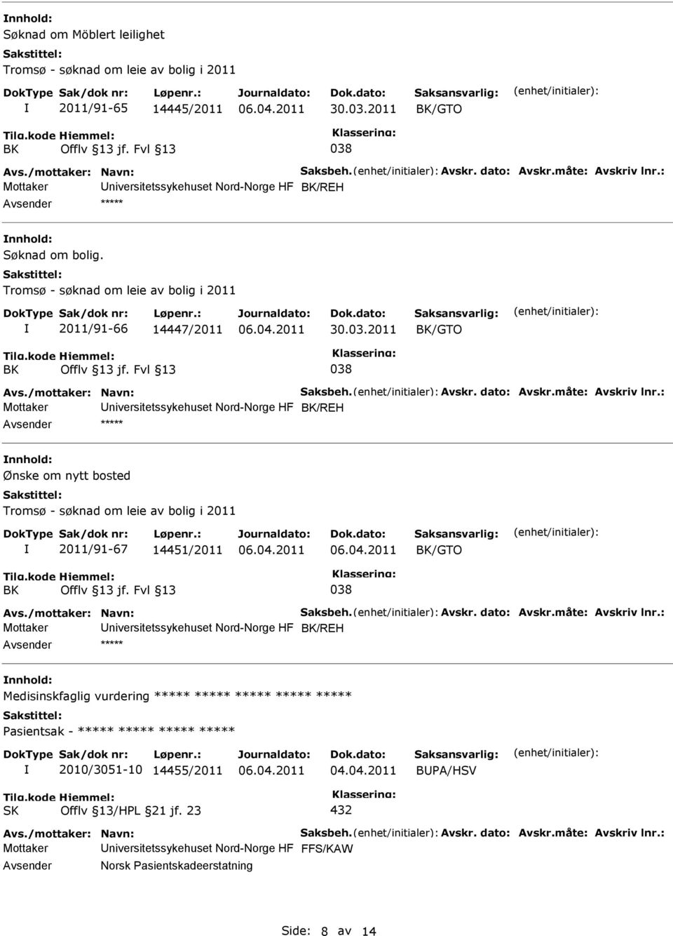 Mottaker niversitetssykehuset Nord-Norge HF BK/REH ***** Søknad om bolig. Tromsø - søknad om leie av bolig i 2011 2011/91-66 14447/2011 30.03.