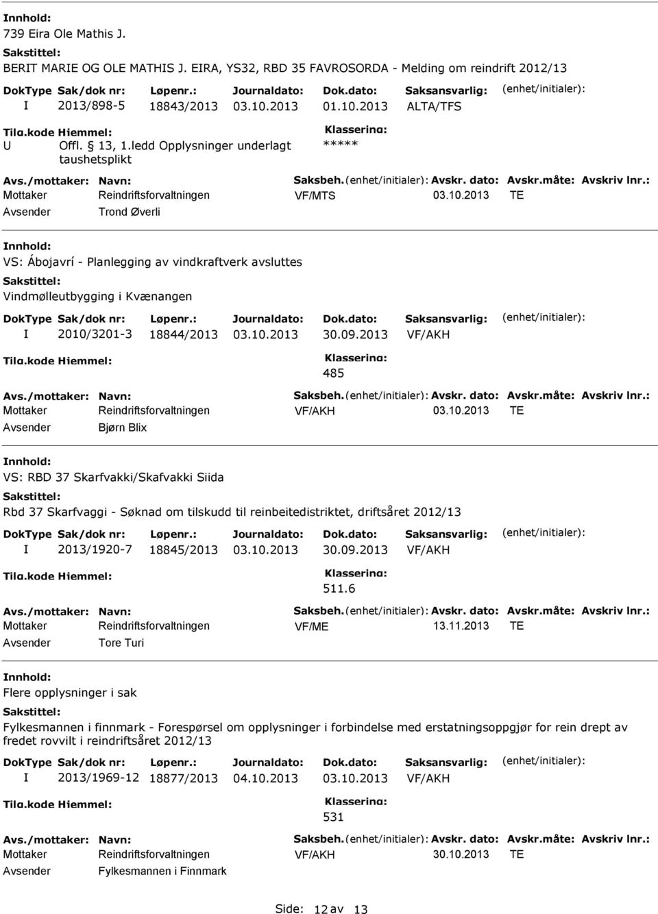 : VF/MTS TE Trond Øverli nnhold: VS: Ábojavrí - Planlegging av vindkraftverk avsluttes Vindmølleutbygging i Kvænangen 2010/3201-3 18844/2013 30.09.2013 485 Avs./mottaker: Navn: Saksbeh. Avskr.