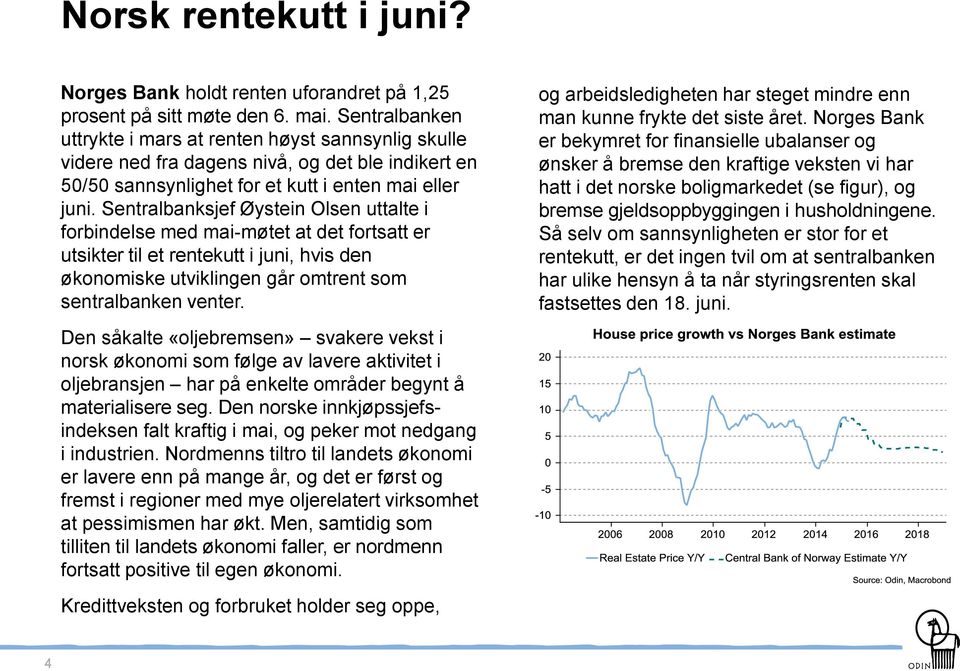 Sentralbanksjef Øystein Olsen uttalte i forbindelse med mai-møtet at det fortsatt er utsikter til et rentekutt i juni, hvis den økonomiske utviklingen går omtrent som sentralbanken venter.