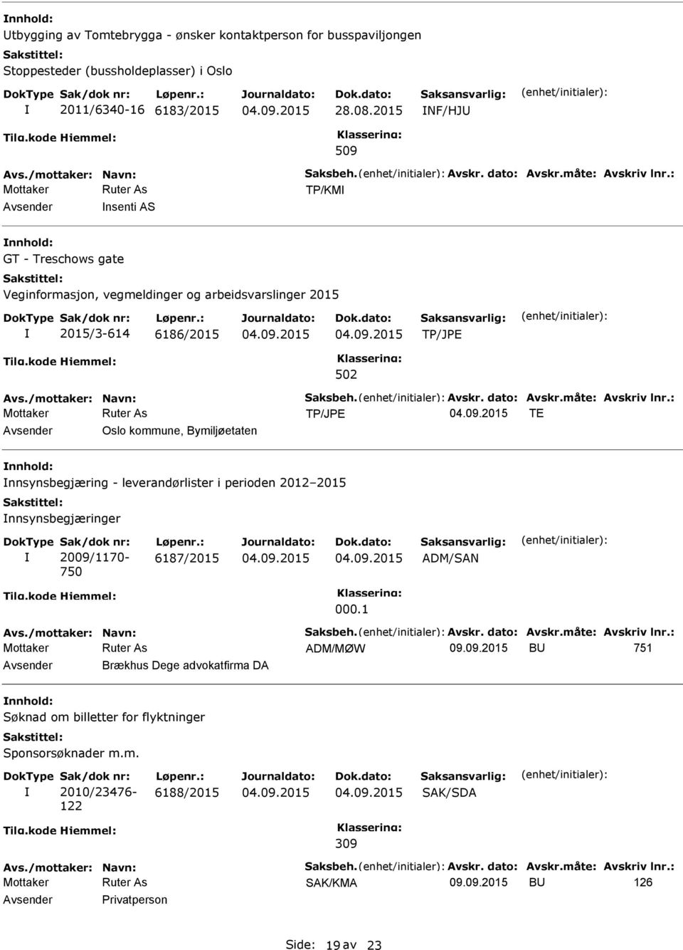 måte: Avskriv lnr.: TE Avsender Oslo kommune, Bymiljøetaten nnhold: nnsynsbegjæring - leverandørlister i perioden 2012 2015 nnsynsbegjæringer Sak/dok nr: 2009/1170-750 Løpenr.: 6187/2015 ADM/SAN 000.