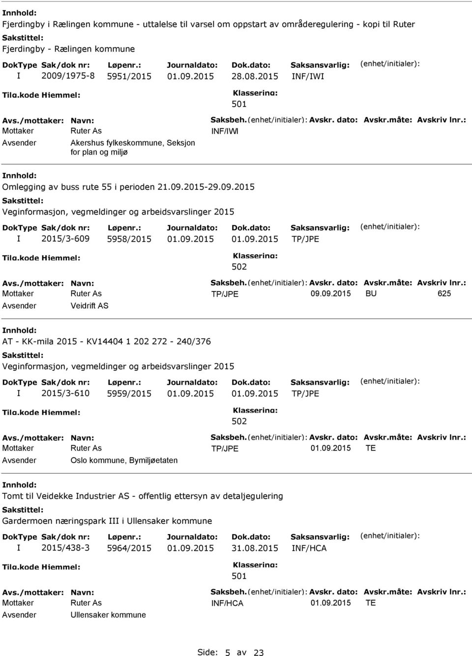 2015-29.09.2015 Veginformasjon, vegmeldinger og arbeidsvarslinger 2015 2015/3-609 5958/2015 Avs./mottaker: Navn: Saksbeh. Avskr. dato: Avskr.måte: Avskriv lnr.: 09.09.2015 BU 625 Avsender Veidrift AS nnhold: AT - KK-mila 2015 - KV14404 1 202 272-240/376 Veginformasjon, vegmeldinger og arbeidsvarslinger 2015 2015/3-610 5959/2015 Avs.