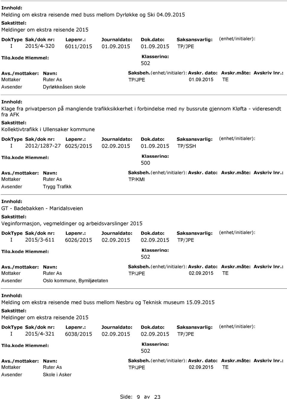 2012/1287-27 6025/2015 TP/SSH 500 Avs./mottaker: Navn: Saksbeh. Avskr. dato: Avskr.måte: Avskriv lnr.