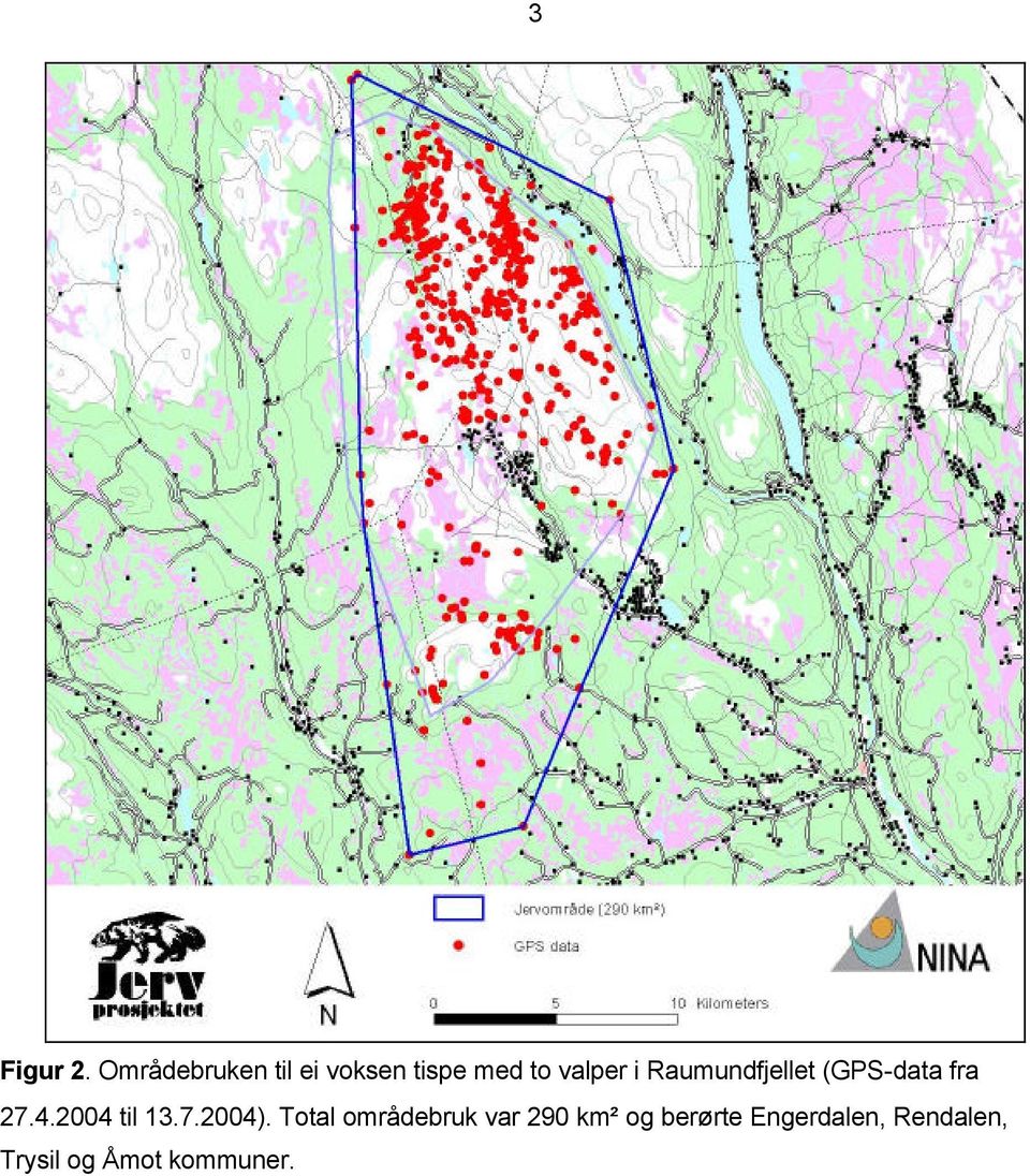 Raumundfjellet (GPS-data fra 27.4.2004 til 13.7.2004).