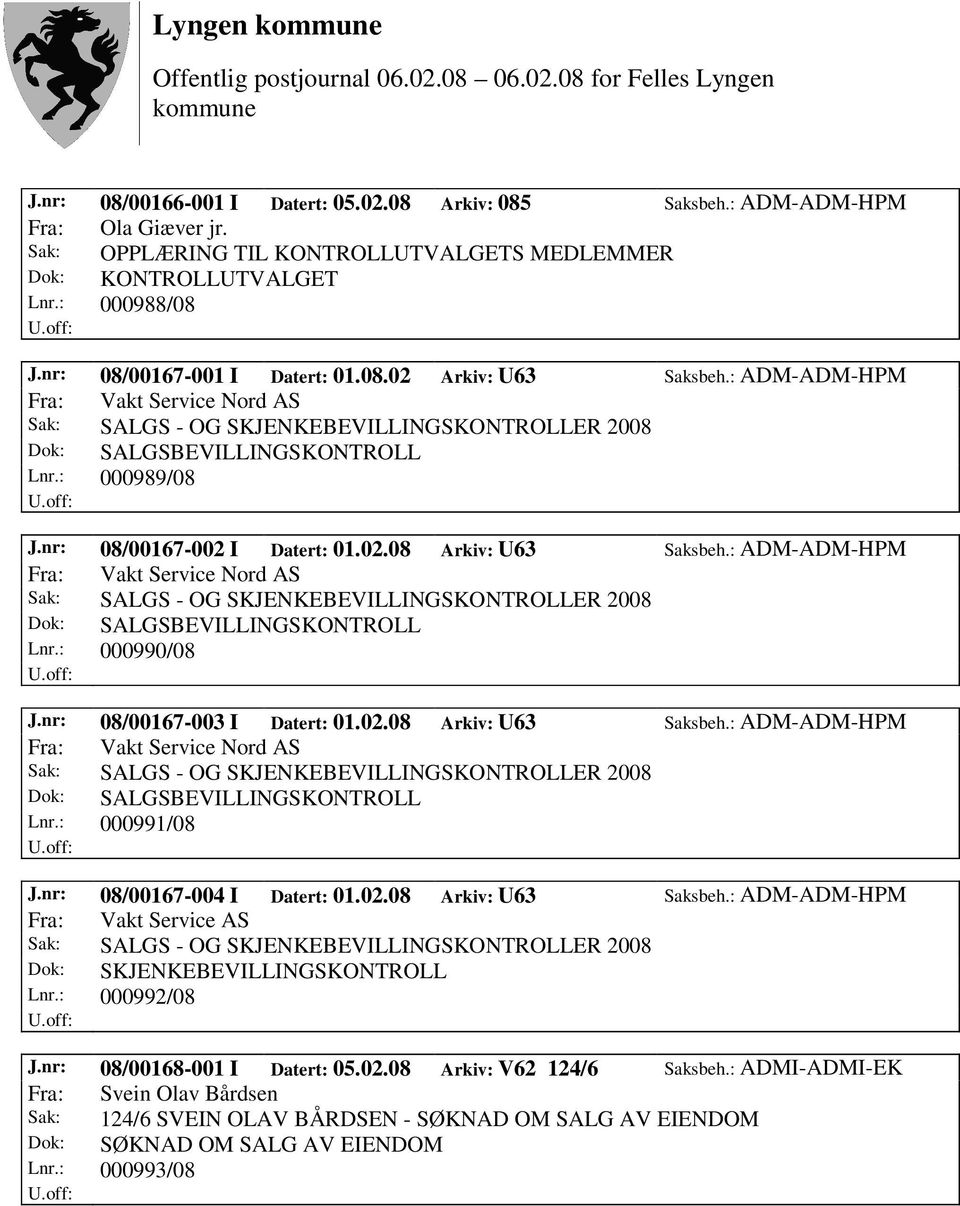 : ADM-ADM-HPM Fra: Vakt Service Nord AS Dok: SALGSBEVILLINGSKONTROLL Lnr.: 000990/08 J.nr: 08/00167-003 I Datert: 01.02.08 Arkiv: U63 Saksbeh.