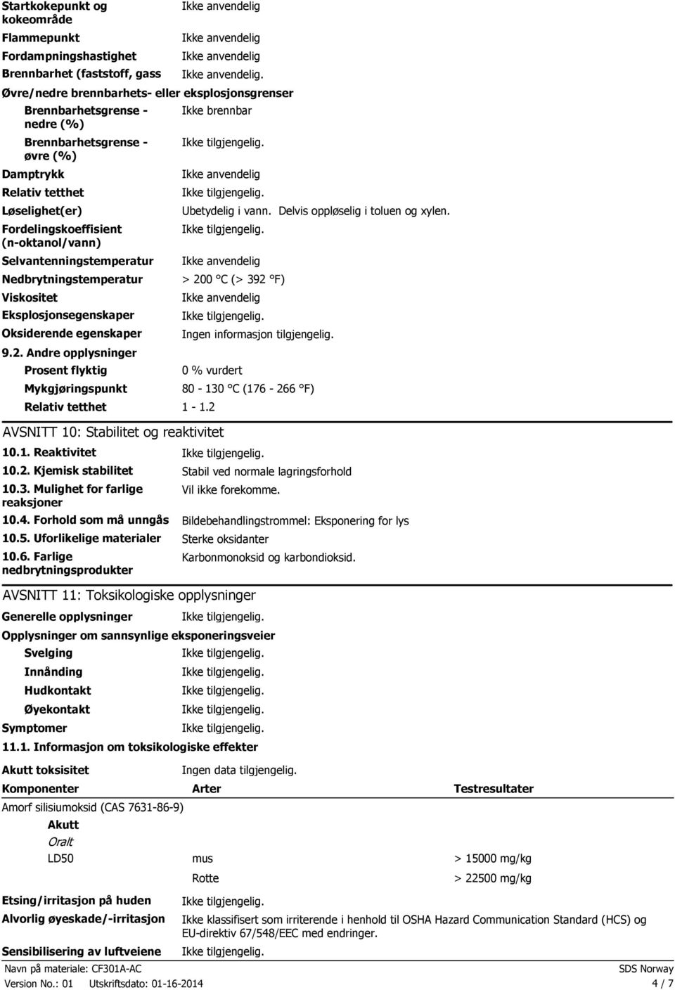 Selvantenningstemper a t u r Nedbrytningstemperat u r Viskositet Eksplosjonsegenskaper Oksiderende egenskaper 9.2. Andre opplysninger Prosent flyktig Mykgjøringspunkt Ikke brennbar Ubetydelig i vann.