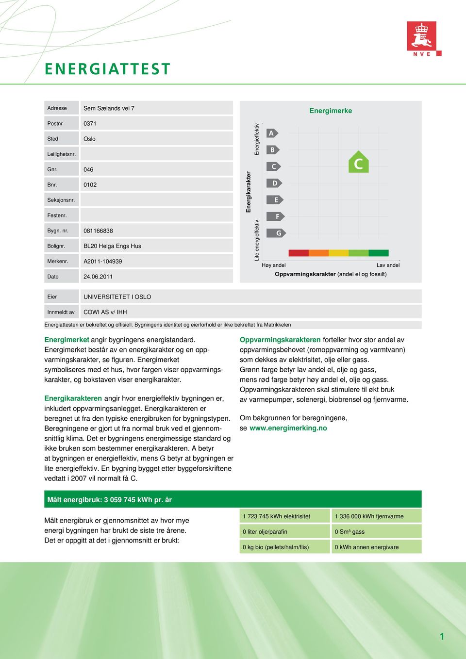 Bygningens identitet og eierforhold er ikke bekreftet fra Matrikkelen Energimerket angir bygningens energistandard. Energimerket består av en energikarakter og en opp- varmingskarakter, se figuren.