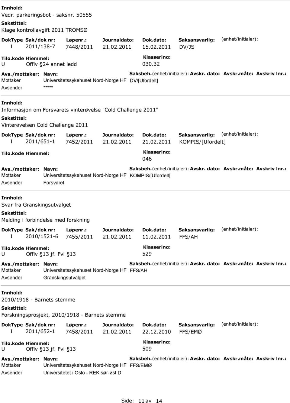 KOMPS/[fordelt] 046 Mottaker niversitetssykehuset Nord-Norge HF KOMPS/[fordelt] Forsvaret Svar fra Granskingsutvalget Melding i forbindelse med forskning 2010/1521-6 7455/2011 11.02.