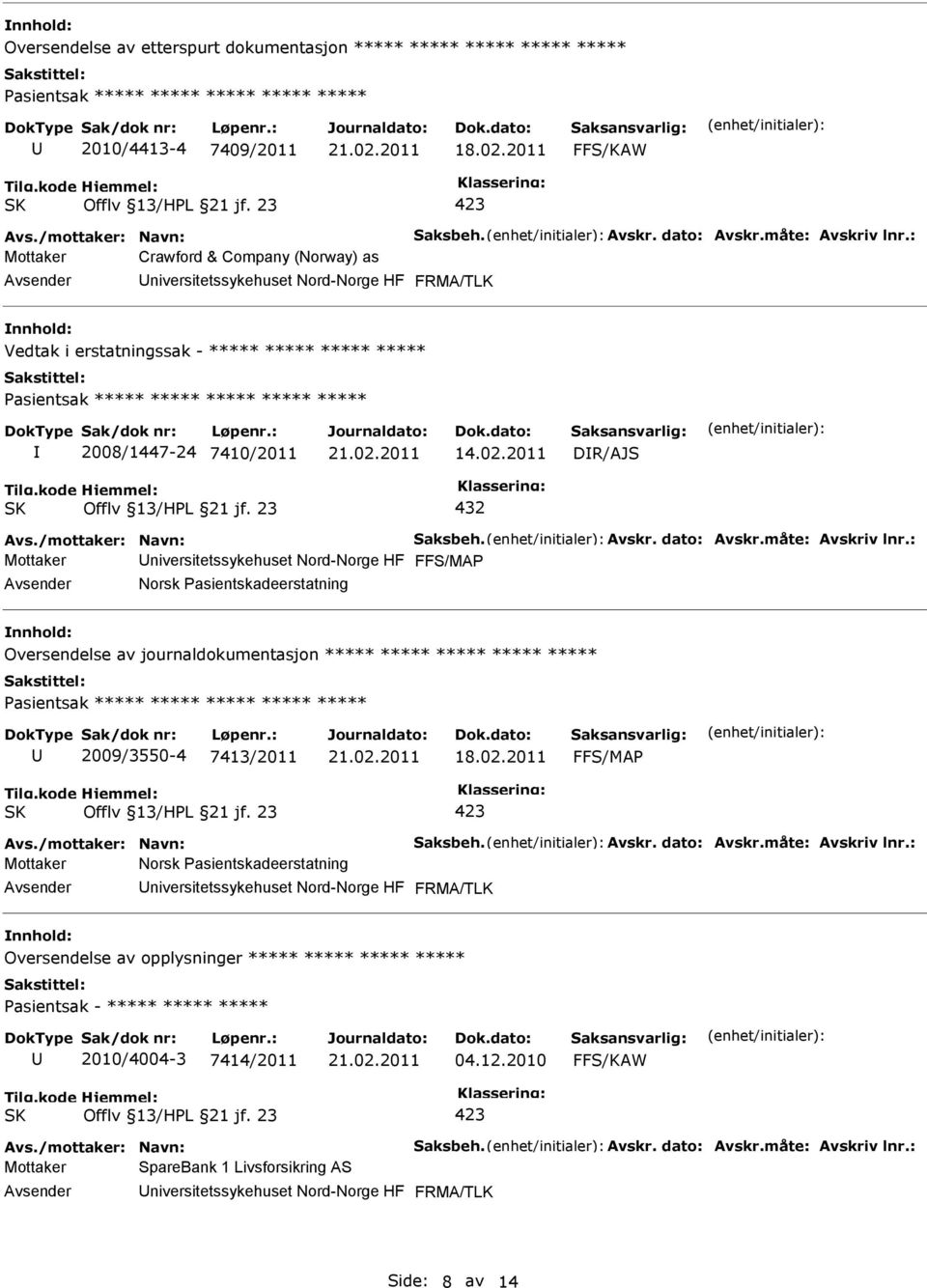 2011 DR/AJS 432 Mottaker niversitetssykehuset Nord-Norge HF FFS/MAP Norsk Pasientskadeerstatning Oversendelse av journaldokumentasjon ***** ***** ***** ***** ***** Pasientsak ***** ***** ***** *****