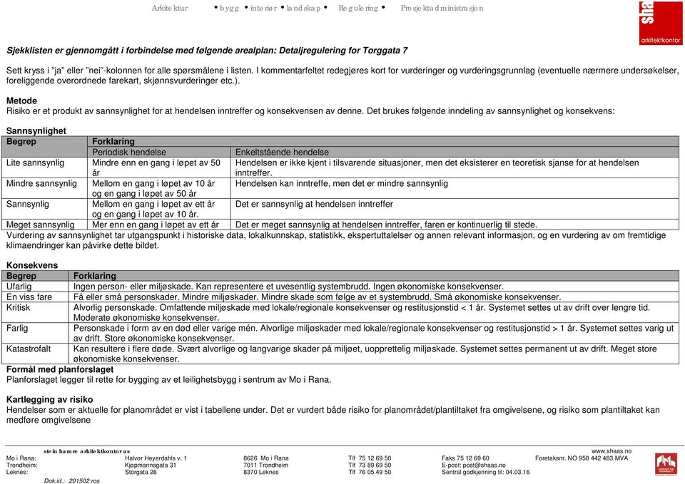 Metode Risiko er et produkt av sannsynlighet for at hendelsen inntreffer og konsekvensen av denne.