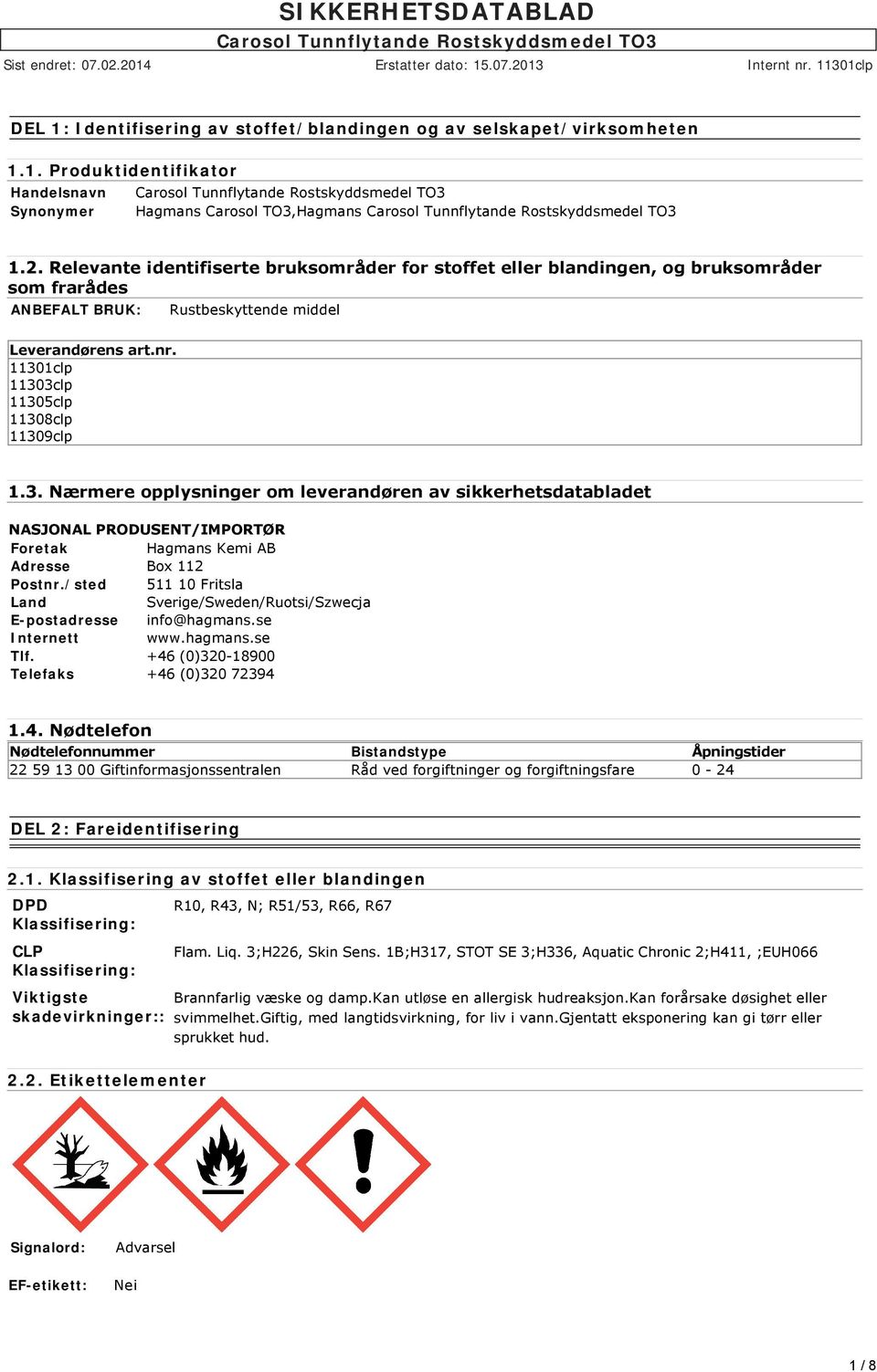 . Nærmere opplysninger om leverandøren av sikkerhetsdatabladet NASJONAL PRODUSENT/IMPORTØR Foretak Hagmans Kemi AB Adresse Box 112 Postnr.