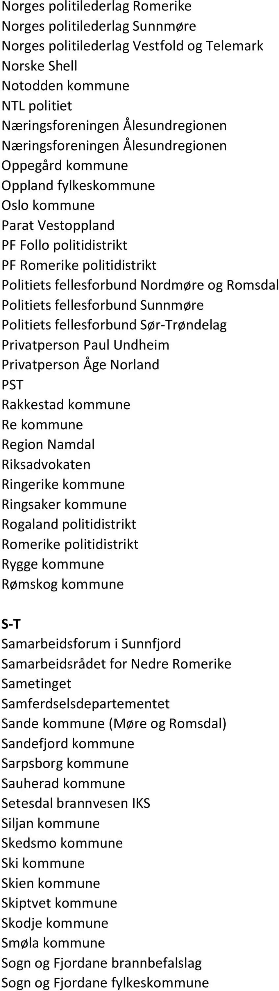 fellesforbund Sunnmøre Politiets fellesforbund Sør-Trøndelag Privatperson Paul Undheim Privatperson Åge Norland PST Rakkestad kommune Re kommune Region Namdal Riksadvokaten Ringerike kommune