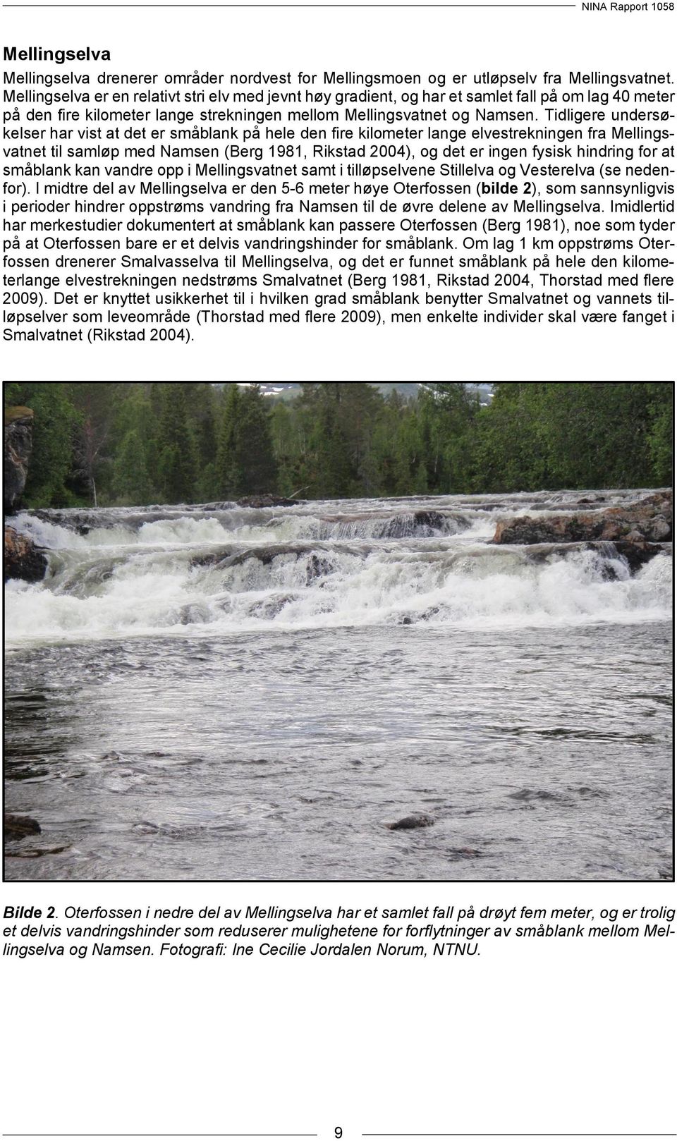 Tidligere undersøkelser har vist at det er småblank på hele den fire kilometer lange elvestrekningen fra Mellingsvatnet til samløp med Namsen (Berg 1981, Rikstad 2004), og det er ingen fysisk