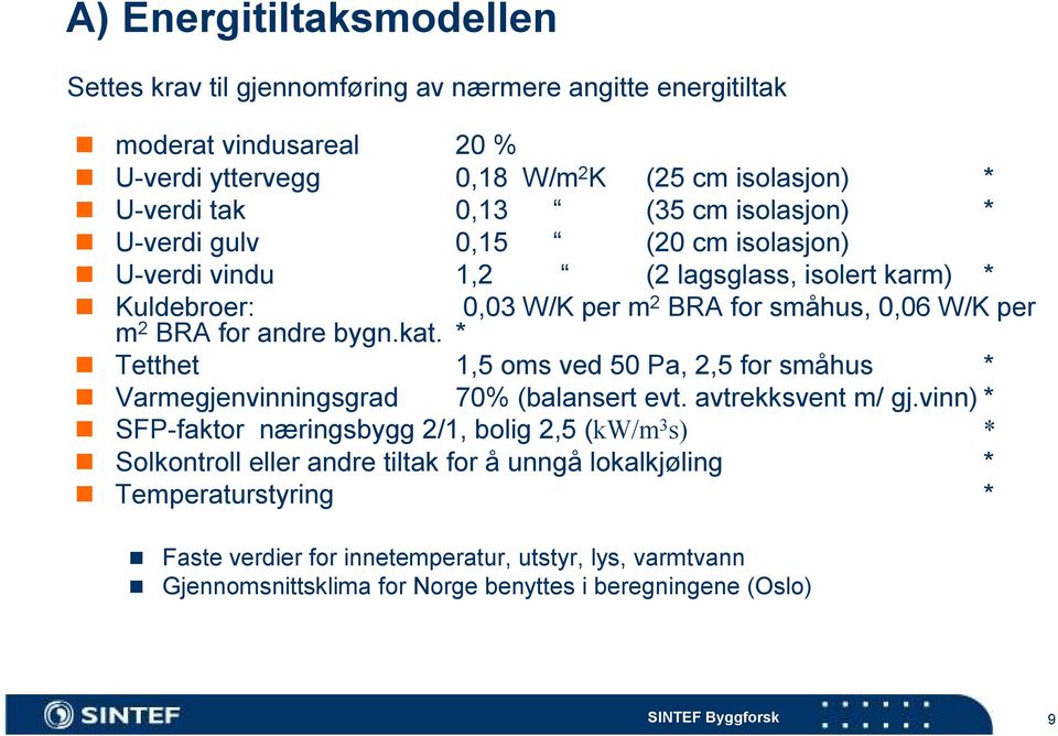 bygn.kat. * Tetthet 1,5 oms ved 50 Pa, 2,5 for småhus * Varmegjenvinningsgrad 70% (balansert evt. avtrekksvent m/ gj.