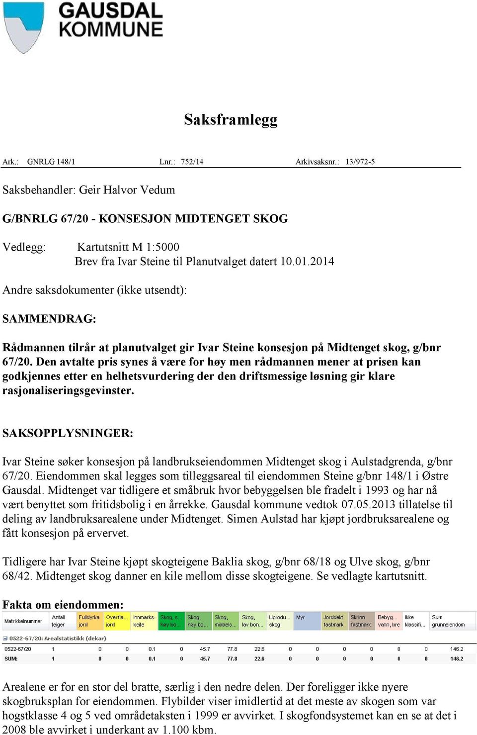 2014 Andre saksdokumenter (ikke utsendt): SAMMENDRAG: Rådmannen tilrår at planutvalget gir Ivar Steine konsesjon på Midtenget skog, g/bnr 67/20.