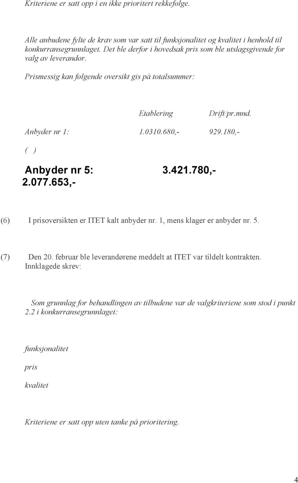 180,- ( ) Anbyder nr 5: 3.421.780,- 2.077.653,- (6) I prisoversikten er ITET kalt anbyder nr. 1, mens klager er anbyder nr. 5. (7) Den 20.