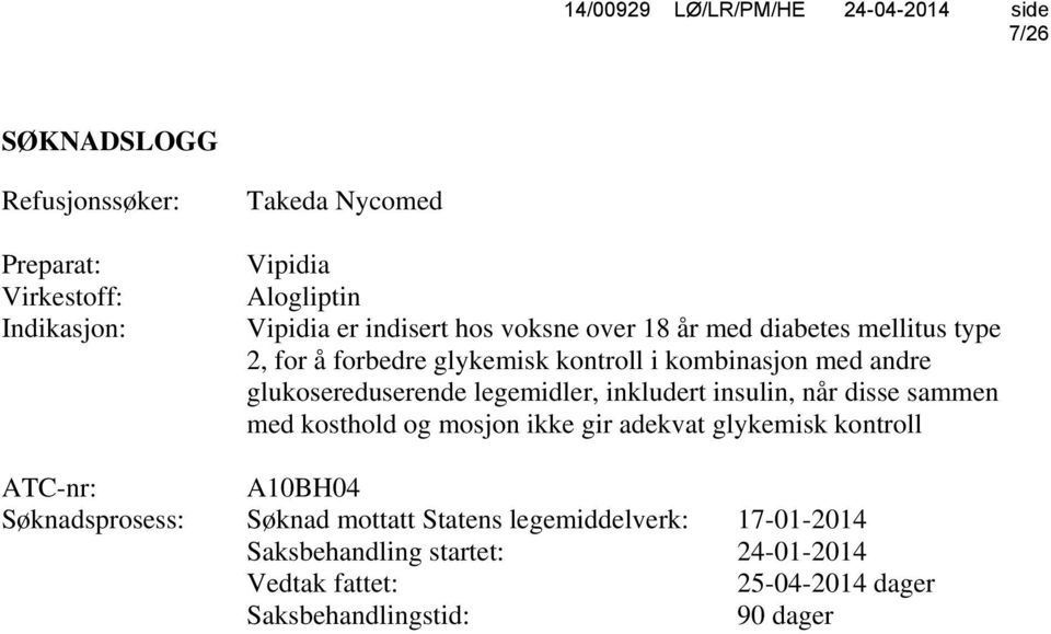 inkludert insulin, når disse sammen med kosthold og mosjon ikke gir adekvat glykemisk kontroll ATC-nr: A10BH04 Søknadsprosess: Søknad