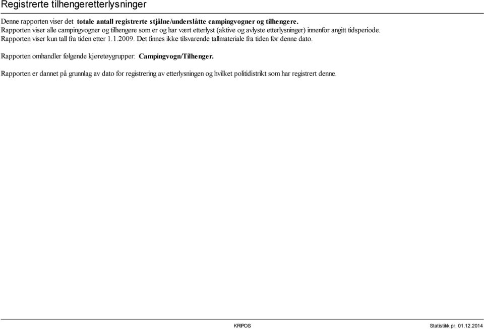 Rapporten viser kun tall fra tiden etter 1.1.2009. Det finnes ikke tilsvarende tallmateriale fra tiden før denne dato.