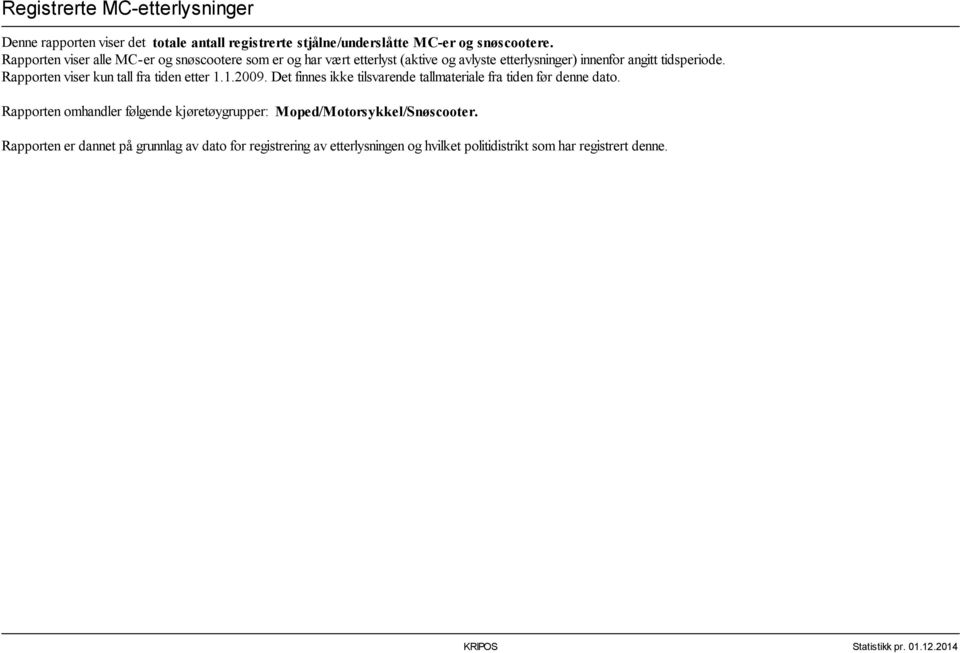 Rapporten viser kun tall fra tiden etter 1.1.2009. Det finnes ikke tilsvarende tallmateriale fra tiden før denne dato.