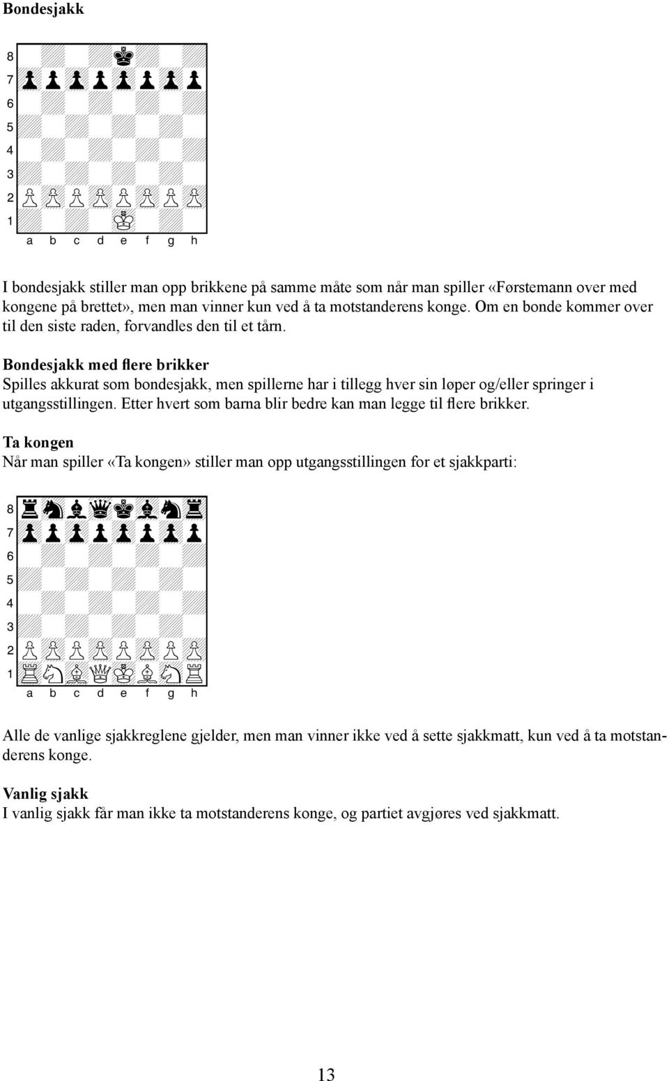 Bondesjakk med flere brikker Spilles akkurat som bondesjakk, men spillerne har i tillegg hver sin løper og/eller springer i utgangsstillingen.