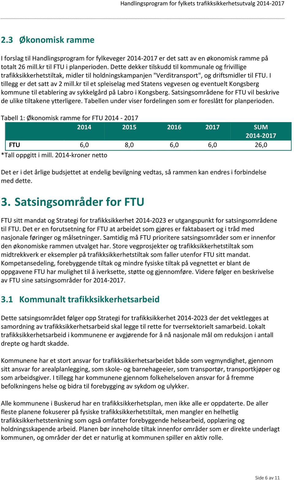 kr til et spleiselag med Statens vegvesen og eventuelt Kongsberg kommune til etablering av sykkelgård på Labro i Kongsberg. Satsingsområdene for FTU vil beskrive de ulike tiltakene ytterligere.