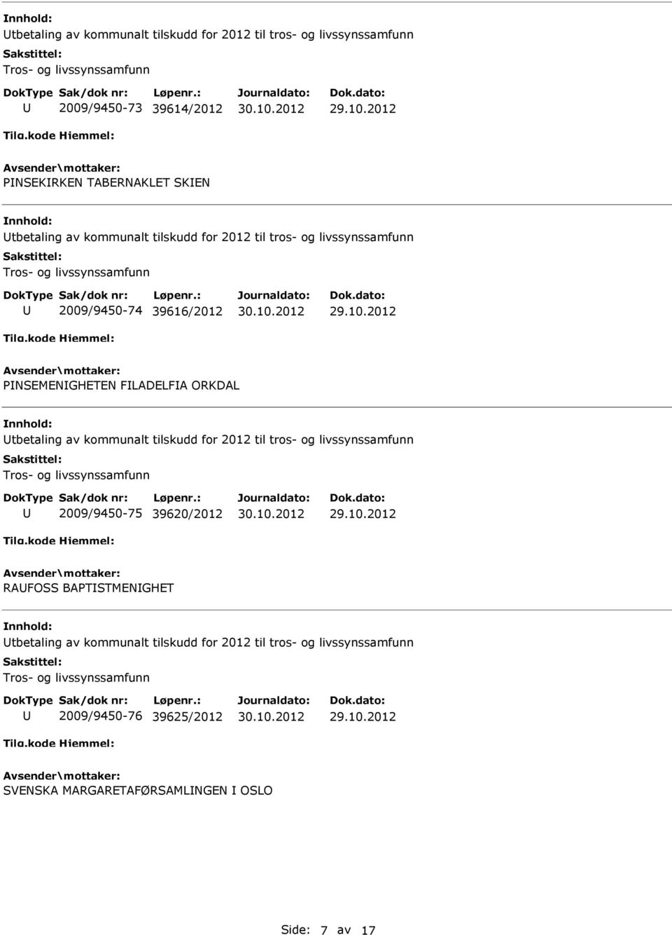 tbetaling av kommunalt tilskudd for 2012 til tros- og livssynssamfunn 2009/9450-75 39620/2012 RAFOSS BAPTSTMENGHET tbetaling