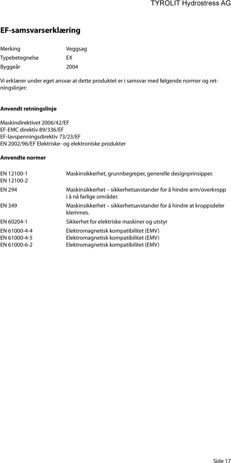 60204-1 EN 61000-4-4 EN 61000-4-5 EN 61000-6-2 Maskinsikkerhet, grunnbegreper, generelle designprinsipper. Maskinsikkerhet sikkerhetsavstander for å hindre arm/overkropp i å nå farlige områder.