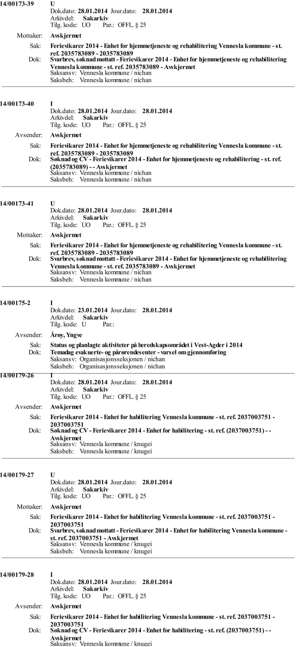 2035783089-14/00173-40 I Ferievikarer 2014 - Enhet for hjemmetjeneste og rehabilitering Vennesla kommune - st. ref.