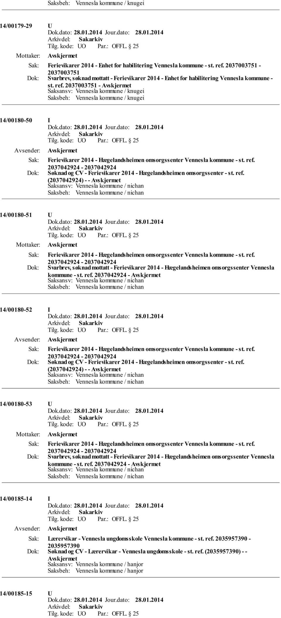 2037003751 - Saksansv: Vennesla kommune / knugei Saksbeh: Vennesla kommune / knugei 14/00180-50 I Ferievikarer 2014 - Hægelandsheimen omsorgssenter Vennesla kommune - st. ref.