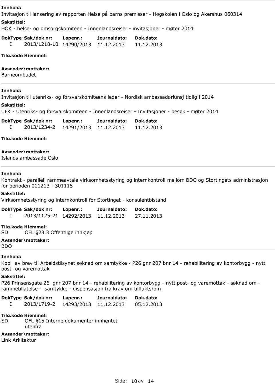 2014 2013/1234-2 14291/2013 slands ambassade Oslo Kontrakt - parallell rammeavtale virksomhetsstyring og internkontroll mellom BDO og Stortingets administrasjon for perioden 011213-301115