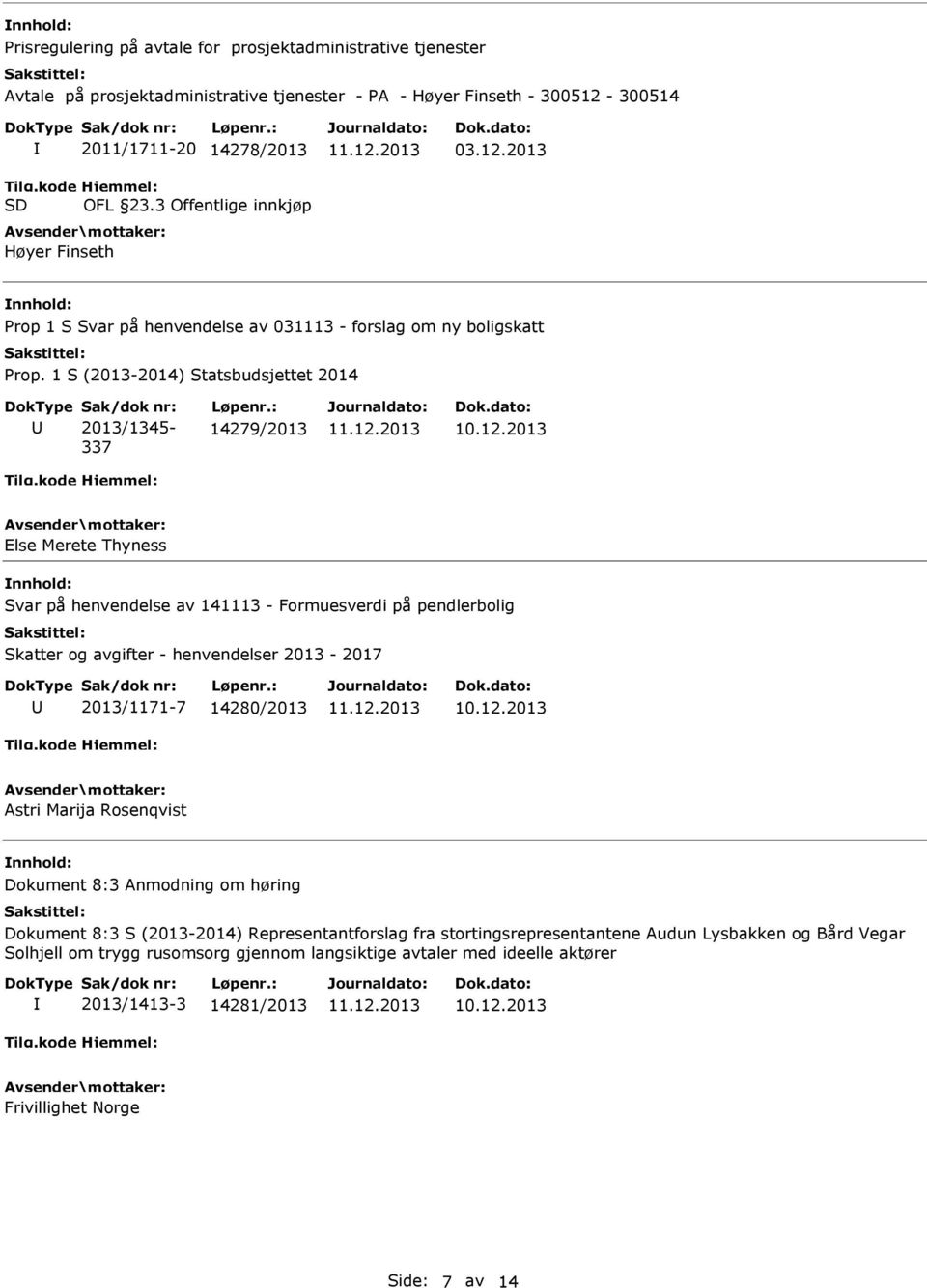 : 14279/2013 Else Merete Thyness Svar på henvendelse av 141113 - Formuesverdi på pendlerbolig Skatter og avgifter - henvendelser 2013-2017 2013/1171-7 14280/2013 Astri Marija Rosenqvist Dokument 8:3