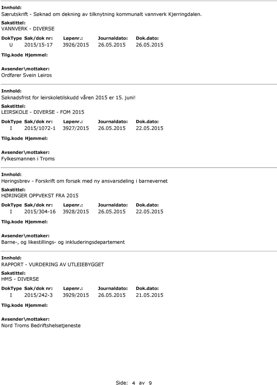 LERSKOLE - DVERSE - FOM 2015 2015/1072-1 3927/2015 Fylkesmannen i Troms nnhold: Høringsbrev - Forskrift om forsøk med ny ansvarsdeling i barnevernet