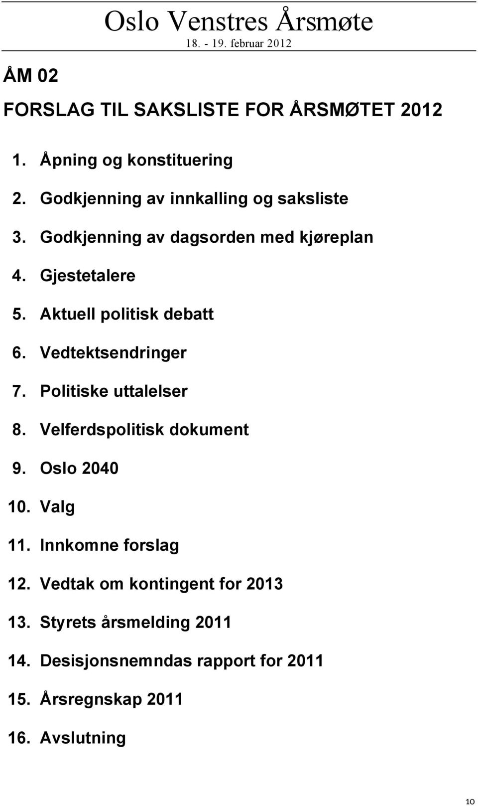 Aktuell politisk debatt 6. Vedtektsendringer 7. Politiske uttalelser 8. Velferdspolitisk dokument 9. Oslo 2040 10.