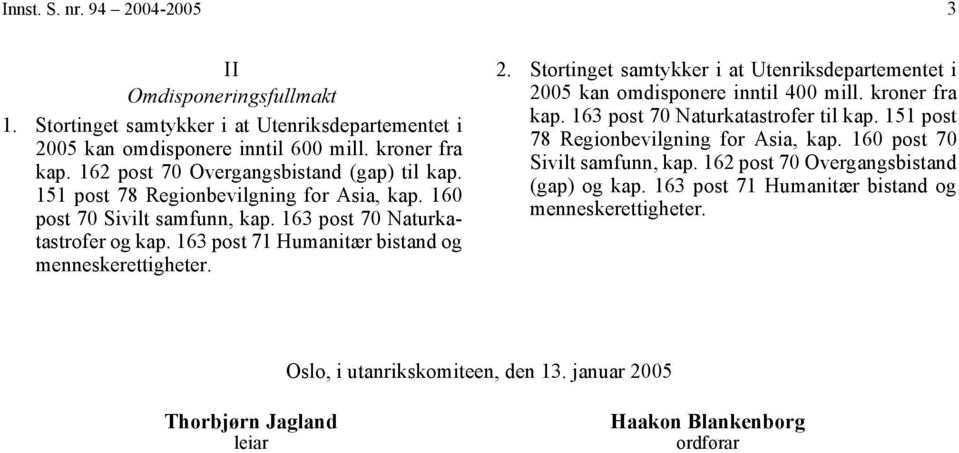 163 post 71 Humanitær bistand og menneskerettigheter. 2. Stortinget samtykker i at Utenriksdepartementet i 2005 kan omdisponere inntil 400 mill. kroner fra kap. 163 post 70 Naturkatastrofer til kap.