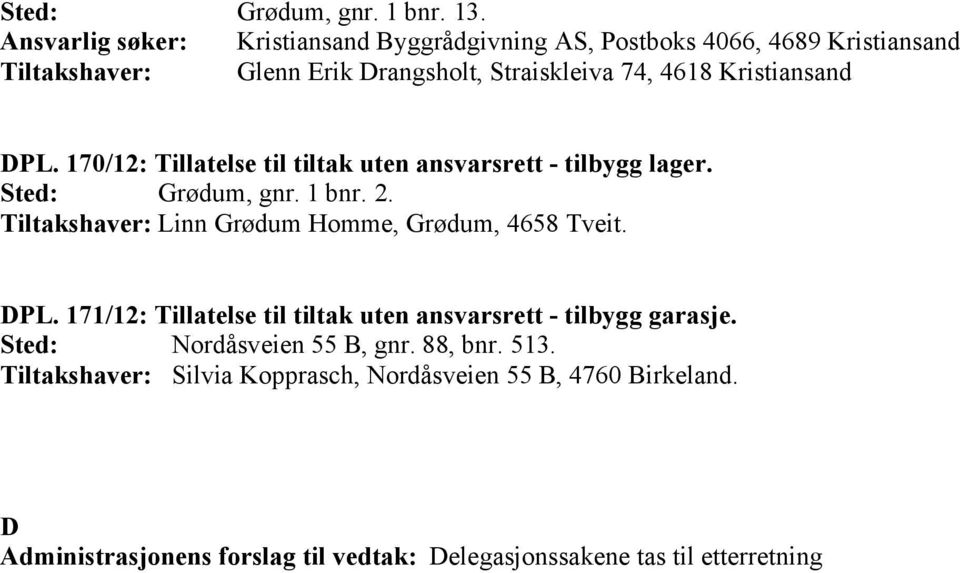 170/12: Tillatelse til tiltak uten ansvarsrett - tilbygg lager. Grødum, gnr. 1 bnr. 2. Tiltakshaver: Linn Grødum Homme, Grødum, 4658 Tveit. DPL.