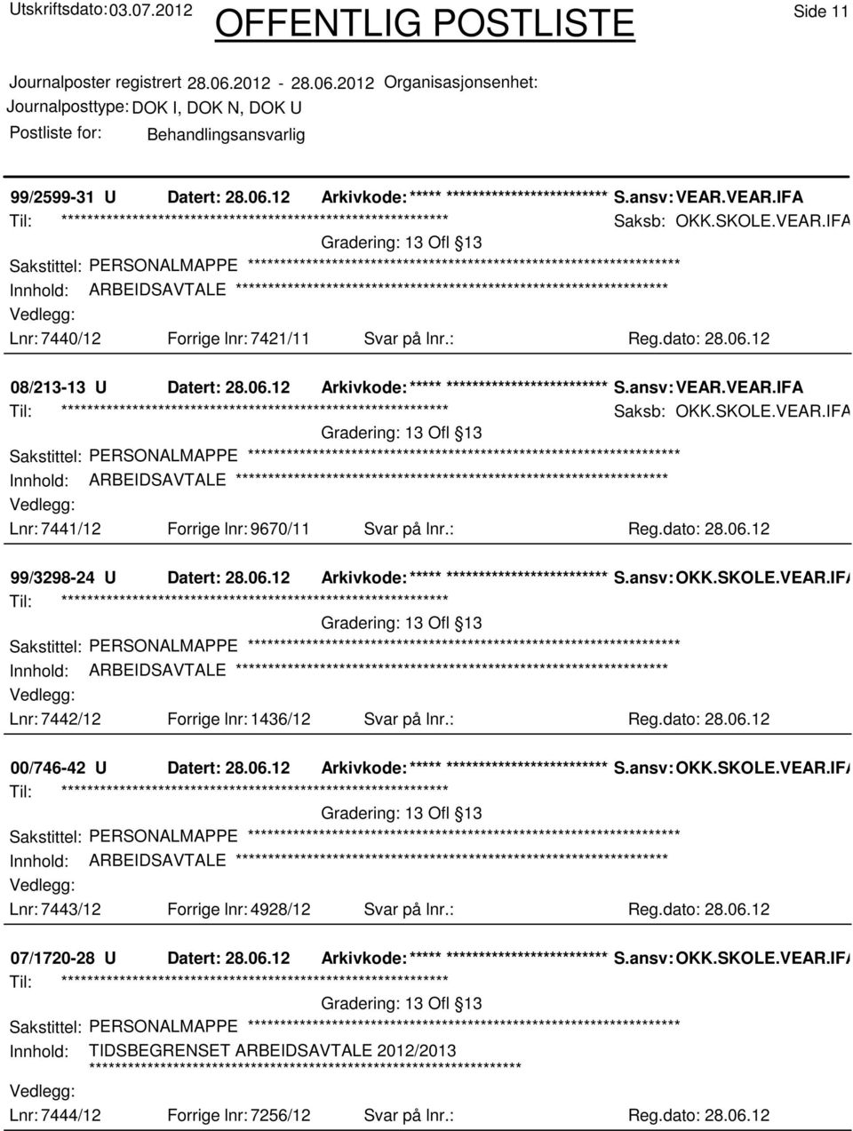 VEAR.IFA Saksb: OKK.SKOLE.VEAR.IFA Sakstittel: PERSONALMAPPE Innhold: ARBEIDSAVTALE Lnr: 7441/12 Forrige lnr: 9670/11 Svar på lnr.: Reg.dato: 28.06.12 99/3298-24 U Datert: 28.06.12 Arkivkode:***** ****************************** S.