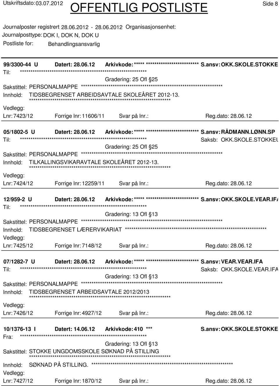 ansv: RÅDMANN.LØNN.SP Saksb: OKK.SKOLE.STOKKEU.MAT 25 Ofl 25 Sakstittel: PERSONALMAPPE Innhold: TILKALLINGSVIKARAVTALE SKOLEÅRET 2012-13. Lnr: 7424/12 Forrige lnr: 12259/11 Svar på lnr.: Reg.dato: 28.