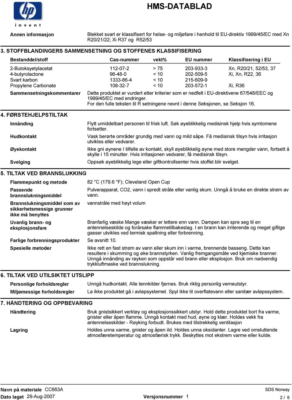 202-509-5 Xi, Xn, R22, 36 Svart karbon 1333-86-4 < 10 215-609-9 Propylene Carbonate 108-32-7 < 10 203-572-1 Xi, R36 Sammensetningskommentarer Dette produktet er vurdert etter kriterier som er nedfelt