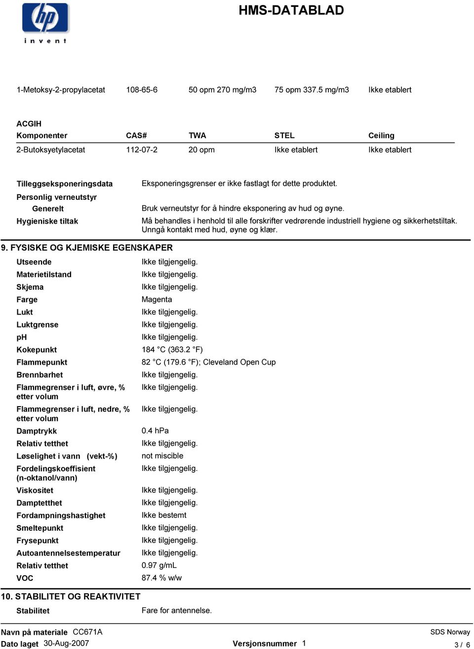 Må behandles i henhold til alle forskrifter vedrørende industriell hygiene og sikkerhetstiltak. Unngå kontakt med hud, øyne og klær. 9.