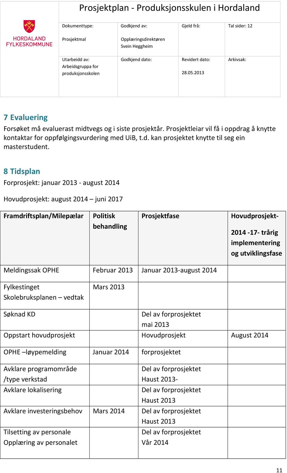 utviklingsfase Meldingssak OPHE Februar 2013 Januar 2013-august 2014 Fylkestinget Skolebruksplanen vedtak Mars 2013 Søknad KD Del av forprosjektet mai 2013 Oppstart hovudprosjekt Hovudprosjekt August