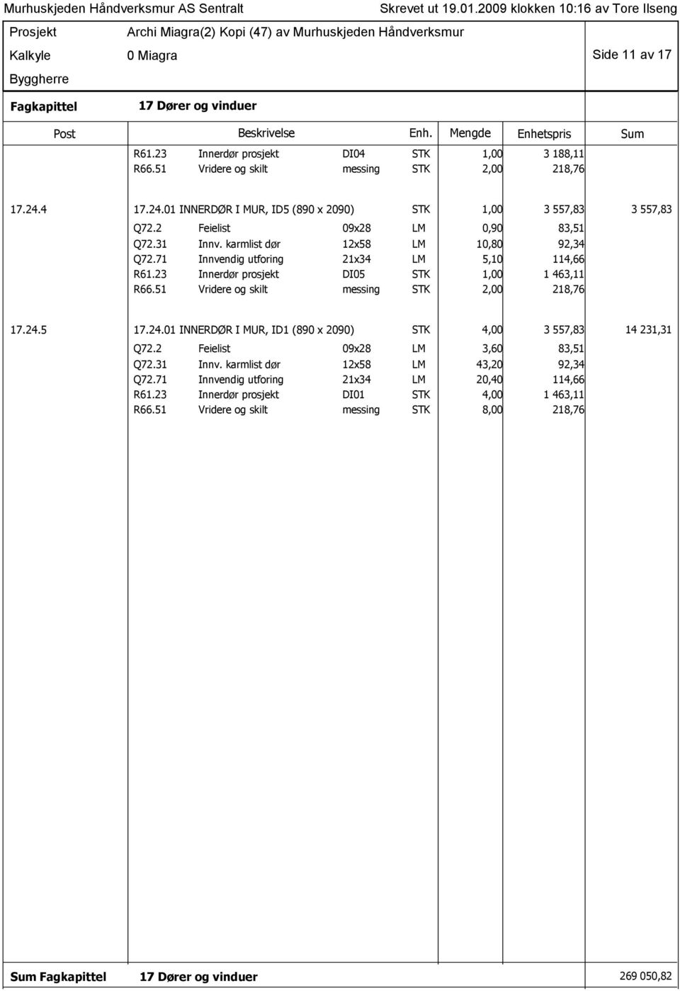 71 Innvendig utforing 21x34 LM 5,10 114,66 R61.23 Innerdør prosjekt DI05 STK 1,00 1 463,11 messing STK 2,00 218,76 17.24.