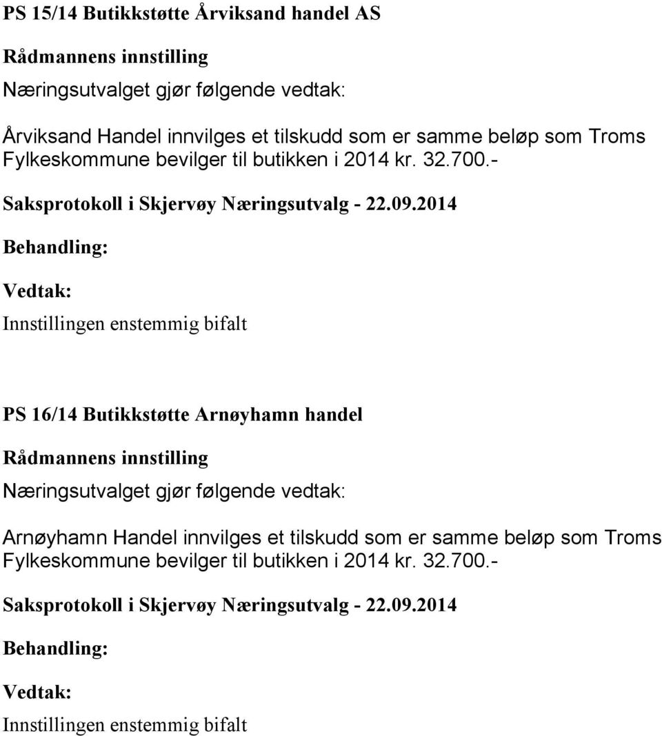 - Innstillingen enstemmig bifalt PS 16/14 Butikkstøtte Arnøyhamn handel Arnøyhamn Handel