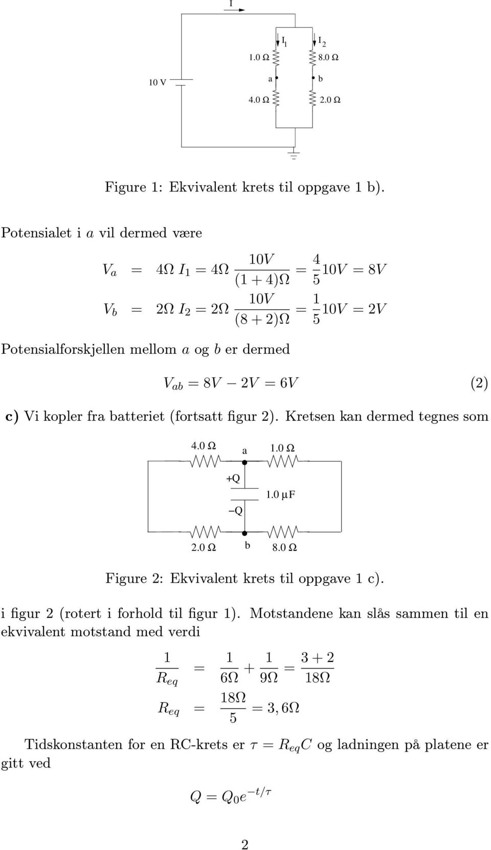 8V 2V = 6V (2) c) Vi kopler fra batteriet (fortsatt figur 2). Kretsen kan dermed tegnes som 4.0 Ω a.0 Ω +Q Q.0 µf 2.0 Ω b 8.