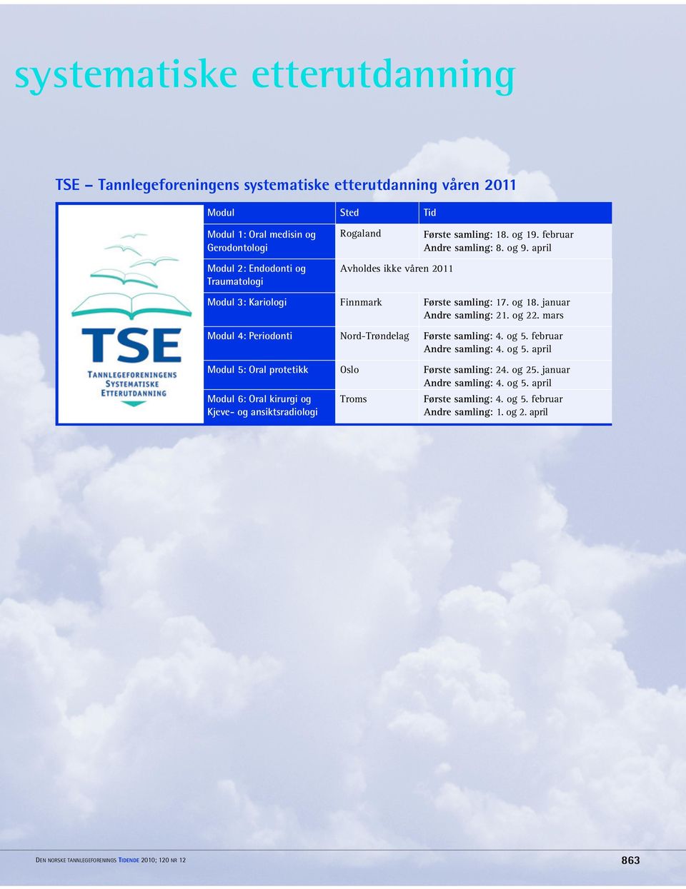 mars Modul 4: Periodonti Nord-Trøndelag Første samling: 4. og 5. februar Andre samling: 4. og 5. april Modul 5: Oral protetikk Oslo Første samling: 24. og 25. januar Andre samling: 4.